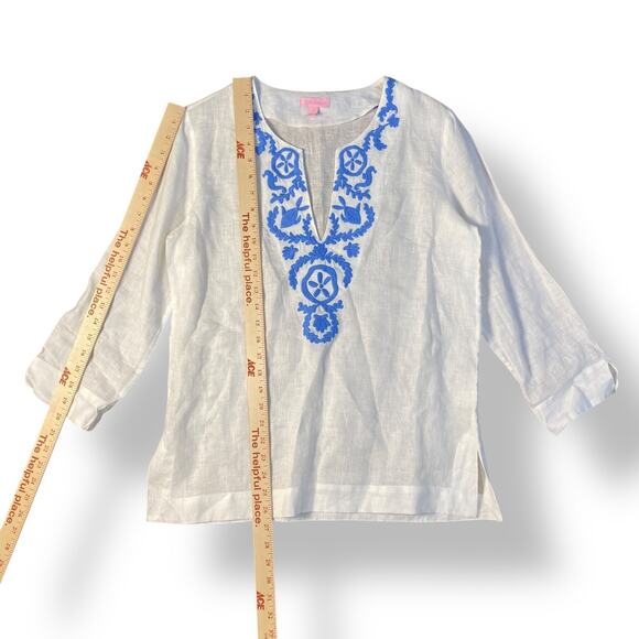 Lilly Pulitzer Amelia Island White Blue Linen Tunic Top Size Small Coastal - Picture 4 of 9